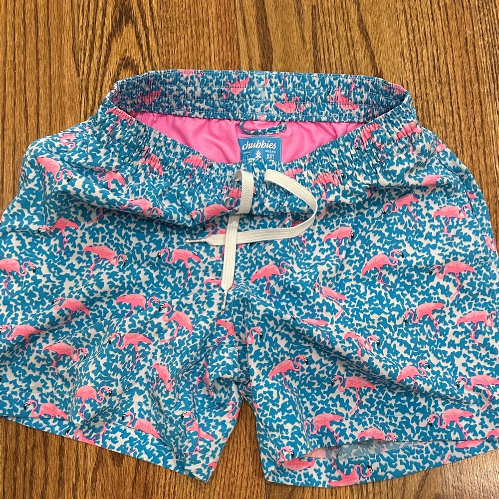 chubbies Blue Swim Shorts with Pink Flamingo Print